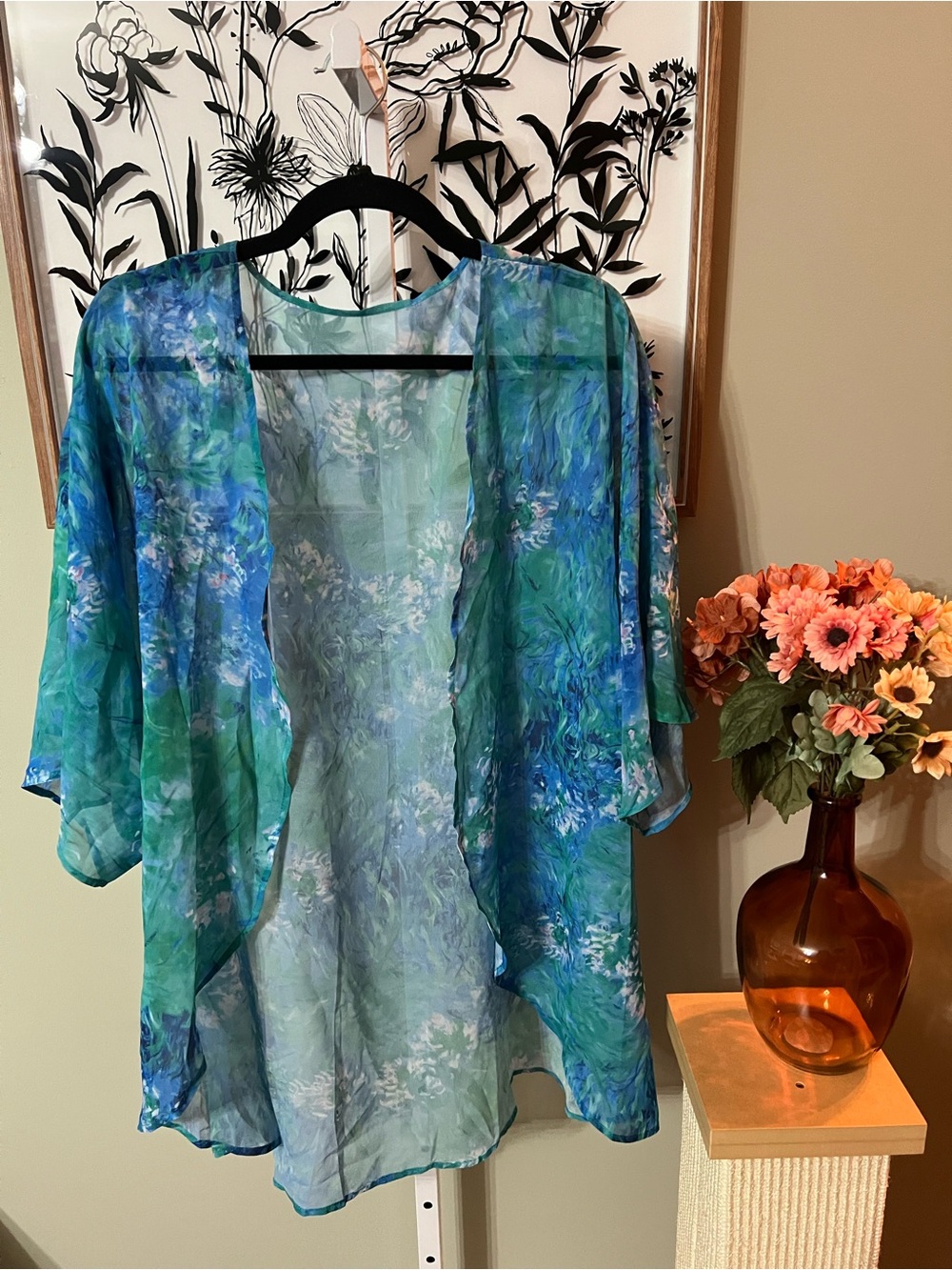 Blue Green Watercolor Floral Sheer Kimono Cardigan Coverup Lightweight